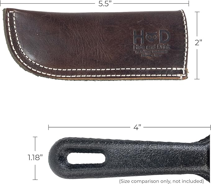 Hide & Drink, Hot Handle, Cast Iron Protector, Panhandle Potholder, Slides On/Off Easily onto Metal Skillet Grips, Full Grain Leather, Handmade (Bourbon Brown White Stitching)