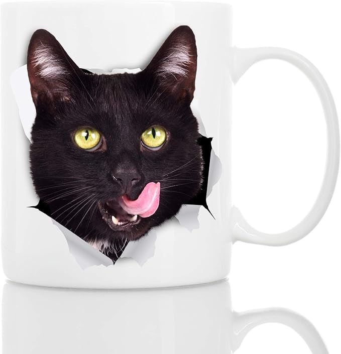 Thirsty Black Cat Coffee Mug - Ceramic Funny Coffee Mug - Perfect Cat Lover Gift - Cute Novelty Coffee Mug Present - Great Birthday or Christmas Surprise for Friend or Coworker, Men and Women (11oz)