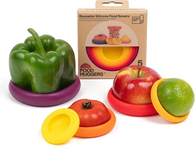 Food Huggers 5pc Reusable Silicone Food Savers | BPA Free & Dishwasher Safe | Fruit & Vegetable Produce Storage for Onion, Tomato, Lemon, Banana, Cans & More | Round, Autumn Harvest