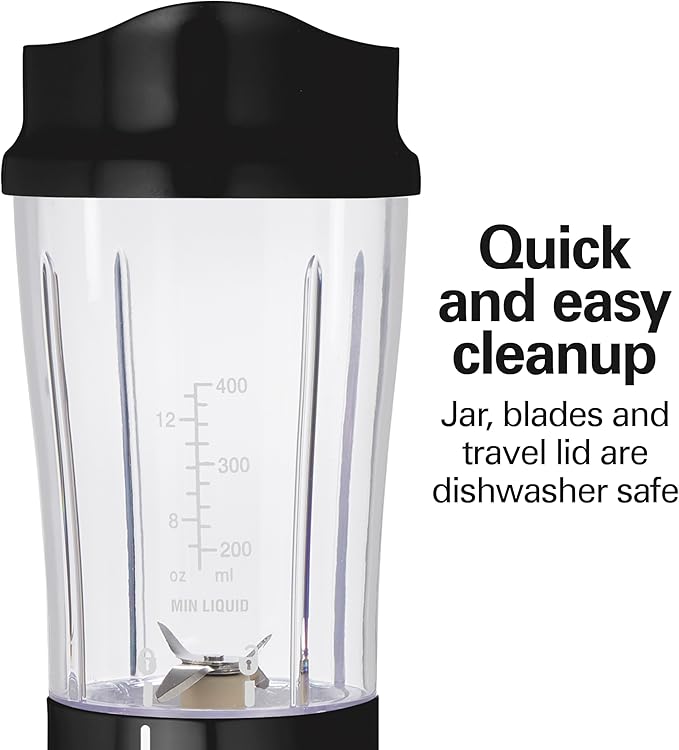 Hamilton Beach Portable Blender for Shakes and Smoothies, 14 Oz BPA Free Travel Cup & Lid, Durable Stainless Steel Blades, Personal Smoothie Blender, Black (51101AG)