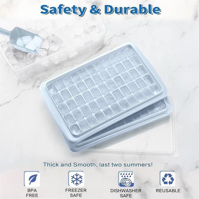ARTLEO Ice Cube Maker Trays for Freezer with Lid and Storage Bin, Easy Release 55 Mini Nugget Ice Cubes Trays 2 pack with Cover, Ice Holder, Scooper, Flexible Plastic Ice Mold & Bin, BPA Free