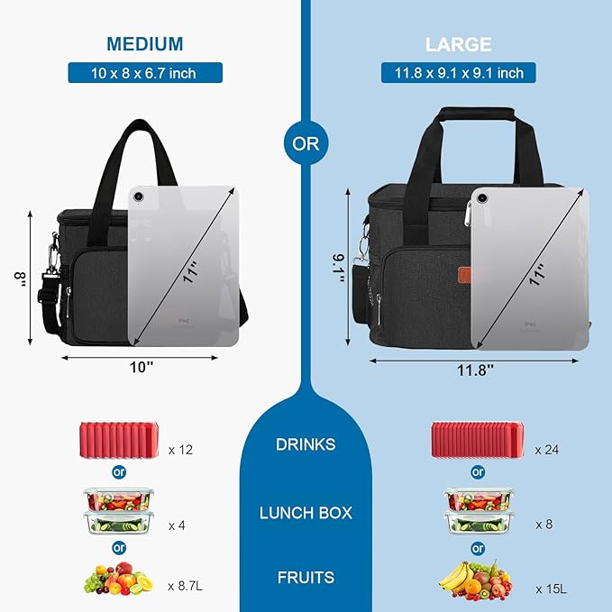 Femuar Lunch Bags for Women/Men, Insulated Lunch Bag for Work Office Picnic - Lunch Cooler Bag Leakproof Lunch Box with Adjustable Shoulder Strap - Charcoal