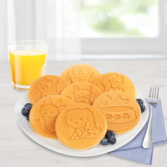 Puppy Friends Mini Pancake Pan- Make 7 Unique Flapjacks- Nonstick Griddle w Long Handle for Breakfast Pup Animal Fun & Easy Cleanup Fun Dog Related Gift for Kids & Adults, Boys Girls, Party Treat
