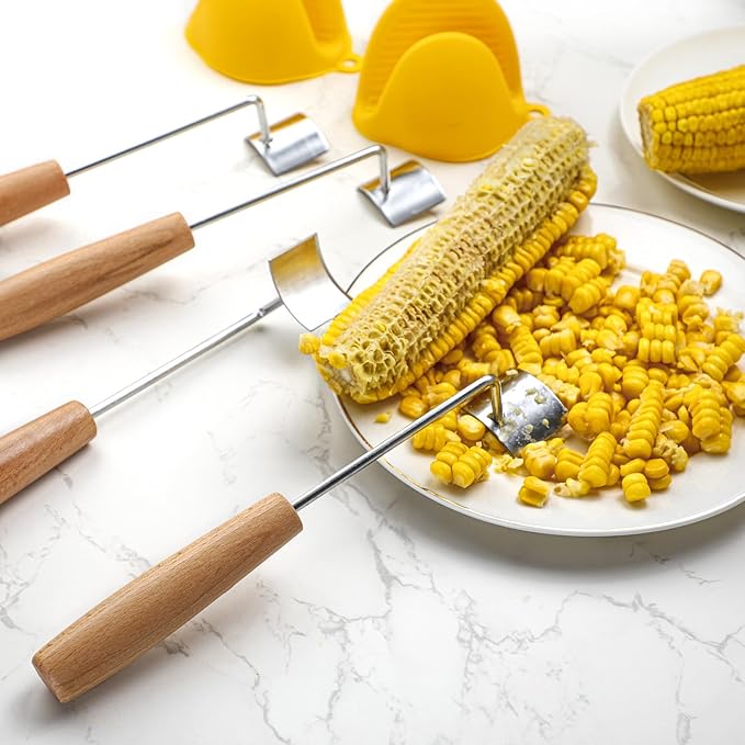 Corn Peeler for Corn on The Cob Corn Cutter Peeling Tool with Gloves (4 Stainless Steel Peelers, 2 Yellow Gloves)