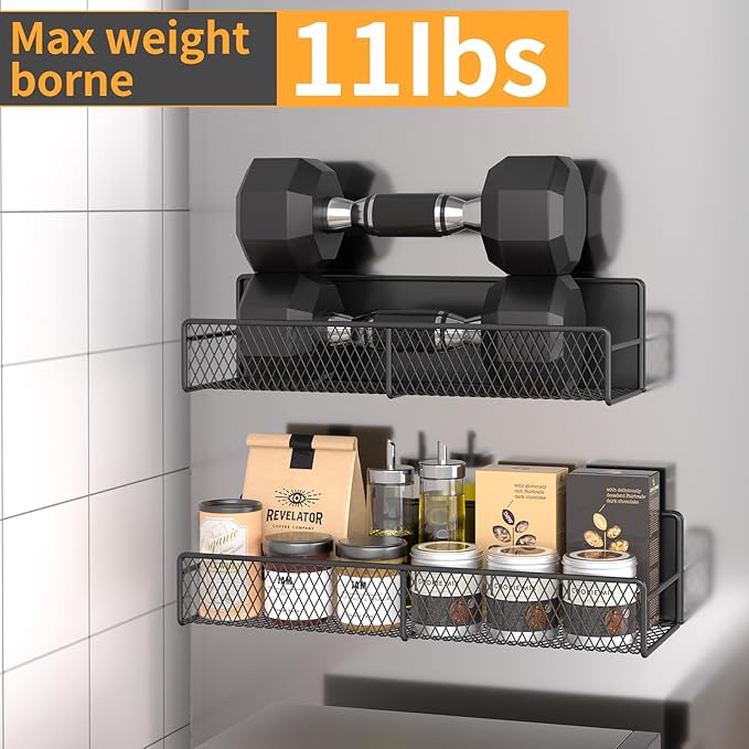 Magnetic Spice Rack for Refrigerator, 4 Pack 100% Metal Strong Magnet Fridge Shelves, Space Saving Spice Organizer, No Drilling Moveable Home Kitchen Laundry Room Storage Organization, Black