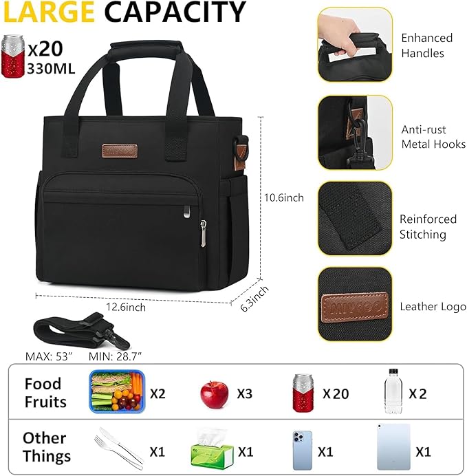 MIYCOO Lunch Bag Lunch Box Men Women - Leakproof Insulated Cooler Bag for Men Women - Large Tote Adults, Black