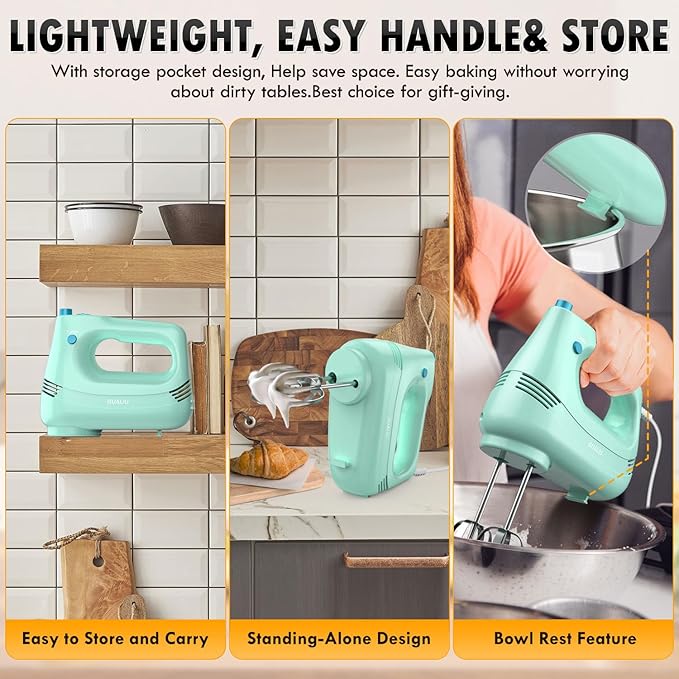 Electric Hand Mixer with Stainless Steel Whisk, Dough Hook Attachment and Storage Bag, Handheld Mixer for Baking Cakes, Eggs, Cream Food Mixers. Turbo Boost /5 Speed Kitchen Blender GREEN