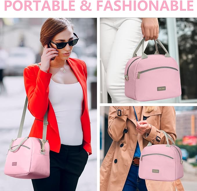 Lunch Bag Women Insulated Lunch Bag For Waterproof Lunch Cooler Bag Insulated Lunch Box For Women Portable Reusable Lunch Bag Two-Tone,With Adjustable Straps Can Be Used For Work,Pink and Grey