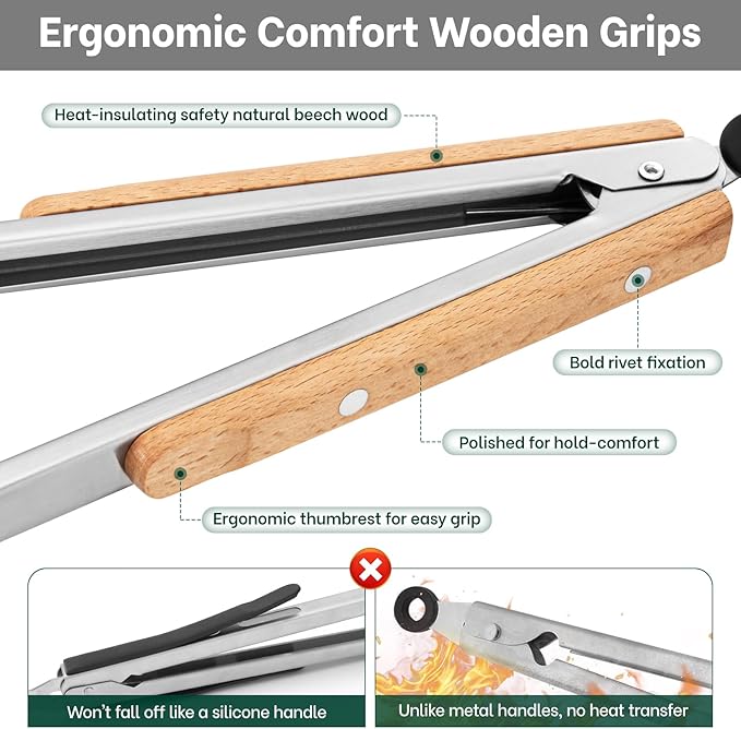 Beneno 12-Inch Food-Grade Stainless Steel Kitchen Tongs with Heat-Insulating Wooden Handle & Non-Slip Scalloped Tips, Heavy Duty Locking Food Tongs for Cooking, Grilling, BBQ and Serving