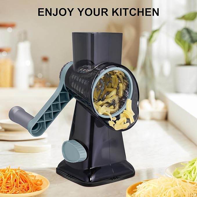 Kaishun Cheese Grater Rotary Grater Sredder Stainless Steel with Vacuum Suction Base Madonline Multi Functional Kitchen Tool Perfect for Easy Shredding and Slicing ((Clear) BlackCyan)