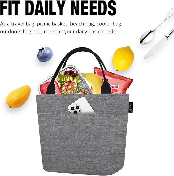Aosbos Lunch Tote Bag, Insulated Lunch Box for Women, Leakproof Lunch Cooler Purse for Work, Grey