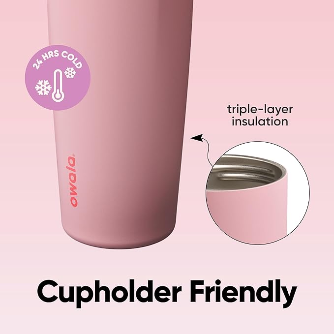 Owala FreeSip Sway Insulated Stainless Steel Water Bottle with Two-Way Spout, Built-In Straw and Bucket Handle, Made for Travel, School, and Sports, 30oz, BPA Free, Leak Proof, Pink Angel Food Cake