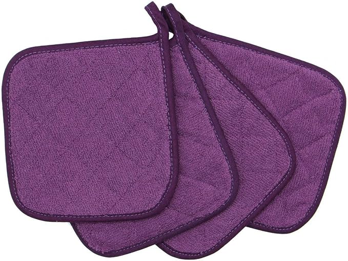 Cotton Pot Holders Cotton Made Machine Washable Heat Resistant Everyday Kitchen Basic Terry Pot Holder, Hot Pads, Trivet for Cooking and Baking Set of 4 (Eggplant)