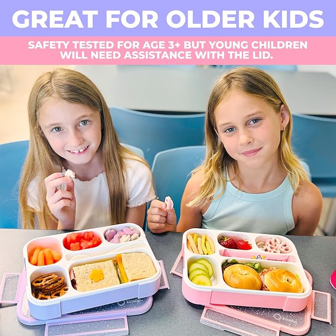 kinsho Glitter Lunch Box Bento Boxes for Girls, Meal and Snack Containers for Toddler Daycare, School, Travel, 6 Divided Compartments, Cute 2 Pack Set, Utensils, Pink Purple Lilac