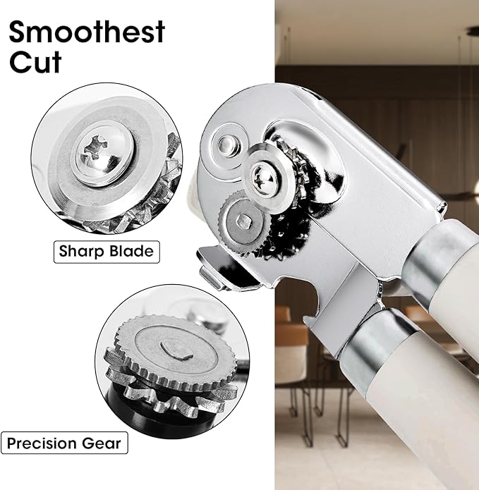 Beneno Heavy Duty Hand Can Opener Manual with Magnet, Durable Sharp Carbon Steel Blade Smooth Cutting, Big Effort-Saving Knob & Soft Grip Handle, Multifunctional Kitchen Tool with Bottle Opener, Beige