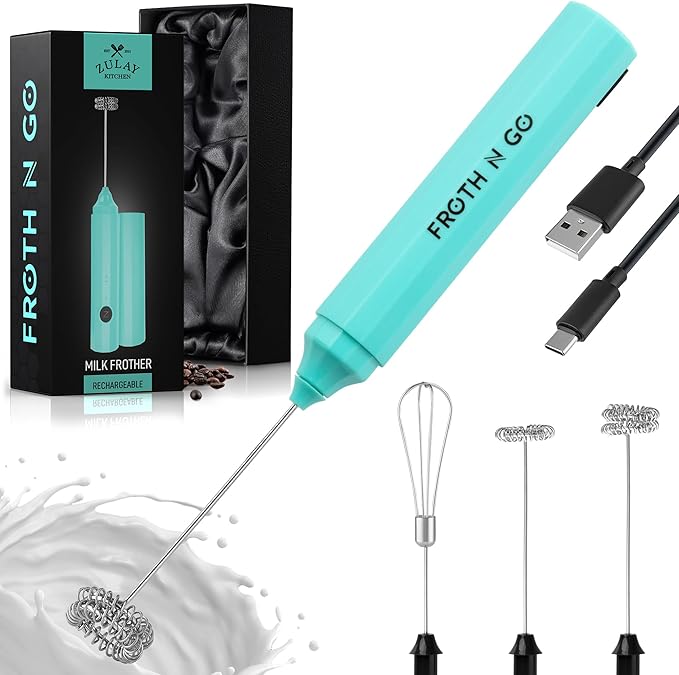 Zulay Froth N Go Milk Frother – Rechargeable 3-in-1 Handheld Frother Wand with Travel Case & USB-C Charger – Single, Double & Egg Whisk for Latte, Cappuccino, Matcha, Protein Shakes – Aqua