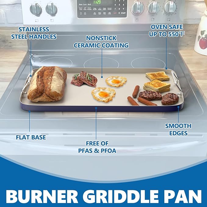 SafBbcue 20" x 13" Double Burner Griddle Pan, Non-Stick Ceramic Coated, for Outdoor Gas Pellet Grill, Stove Top Charcoal Grills, for Weber Charbroil Camp Chef Grill, Blue