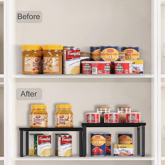 CADUKE Set of 4 Kitchen Counter Shelves Stackable Shelf Organizer Wood Countertop Shelves Expandable Cabinet Shelf Organizers Countertop Storage Rack for Pantry, Industrial Black