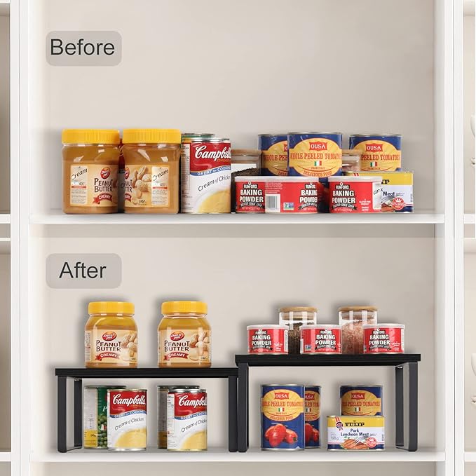 CADUKE Counter Shelf Organizer Set of 2 Kitchen Cabinet Shelves Expandable Countertop Shelves Organizer Wood Cabinet Shelf Black Stackable Storage Rack for Pantry