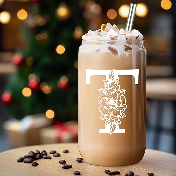 Coolife Initial Glass Cup, Monogrammed Gifts for Women, 16 oz Glass Cups w/Lids Straws, Iced Coffee Smoothie Beer Tumbler w/Straw Lid - Personalized Christmas, Birthday Gifts for Her Mom Friend Woman