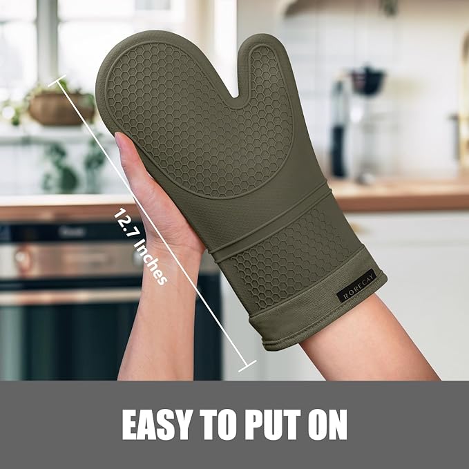 Rorecay 6pcs Oven Mitts and Pot Holders Sets for Kitchen, Extra Long Silicone Oven Gloves Heat Resistant 500 Degrees Non-Slip Potholders Hot Pads for Baking Cooking, Forest Night