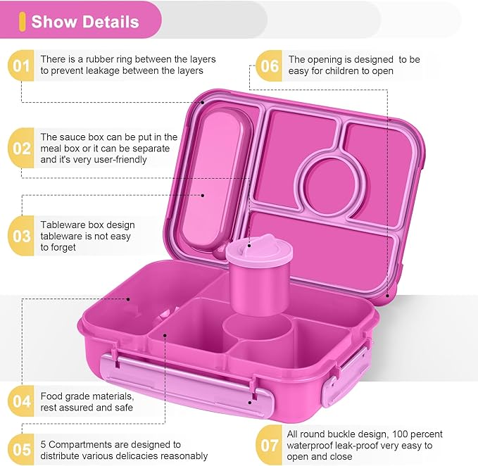Bento Box Adult Lunch Box Kids,Lunch Containers for Adults/Kids/Toddler,5 Compartments Bento Lunch Box with Sauce Vontainers,Microwave & Dishwasher & Freezer Safe,BPA-Free (Red lily)