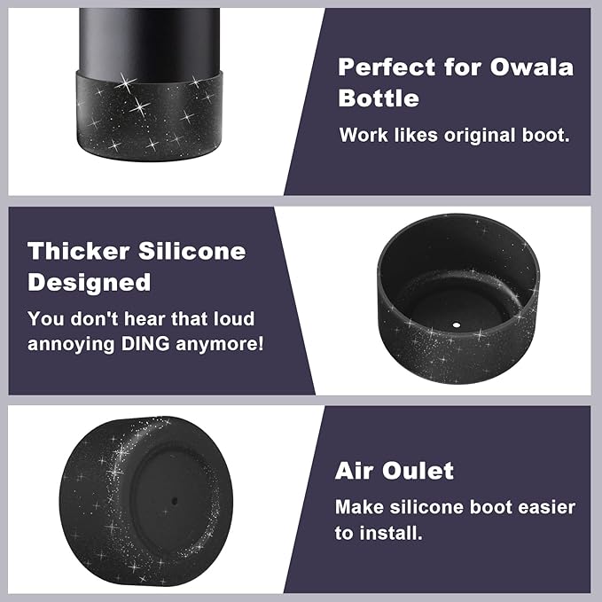2PCS Silicone Water Bottle Boot for Owala 40oz, Protective Bottom Bumper Anti-Slip Sleeve for FreeSip, Twist, and Flip Stainless Steel Bottles, Dishwasher Safe and BPA Free(Shiny Black)