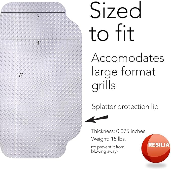 RESILIA Large Under Grill Mat – Heavy Duty, Reusable Outdoor Floor Protector Mats for Deck, Patio, & Garage – 72 Inch x 48 Inch with 12 Inch Splatter Protection Lip, Silver Diamond Plate, Made in USA