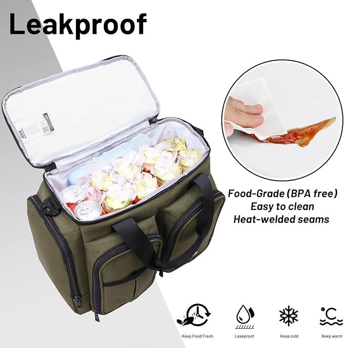 MIER Lunch Box for Men Heavy Duty Insulated Lunch Bag 20 Cans Large Leakproof Soft Cooler Bags with Multiple Pockets for Picnic Work Travel (Army Green)