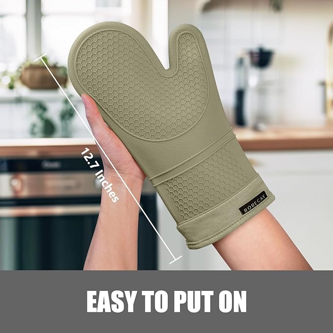 Rorecay 6pcs Oven Mitts and Pot Holders Sets Heat Resistant 500 Degrees, Extra Long Silicone Oven Gloves Non-Slip Potholders Hot Pads for Kitchen Baking Cooking, Quilted Liner, Martini Olive