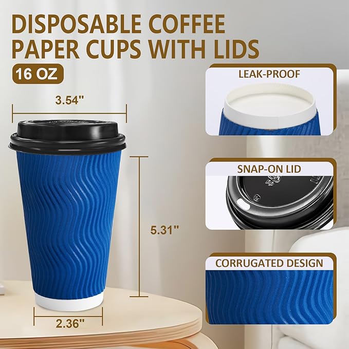 100 Pack Coffee Cups with Lids 16 oz, Disposable Insulated Ripple Wall To Go Paper Coffee Cups for Hot/Cold Drinks Office Home Shop Event (Navy)