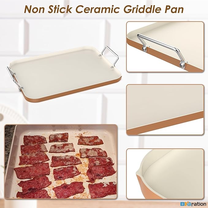 17.7" x 13" Griddle Pan for Gas Grill and Ovens, Stainless Steel Handles, Non Stick Ceramic Griddle Pan Griddle Skillet, PTFE Free PFOA Free