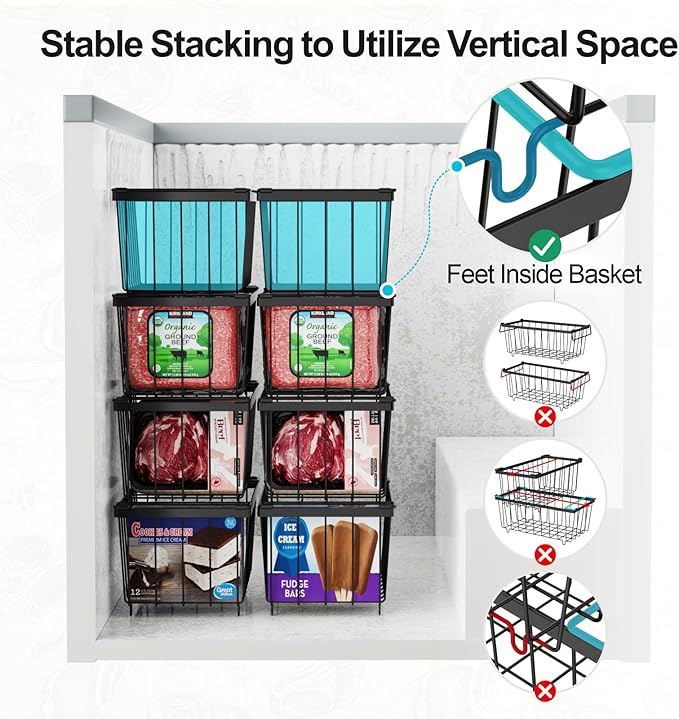 iSPECLE Freezer Storage Bins - 6 Pack Small Stackable Deep Freezer Organizer Bins for Most 7 Cu.FT Chest Freezer Sort Frozen Food, Freezer Basket with Handles Easy to Get Food from Bottom, Black