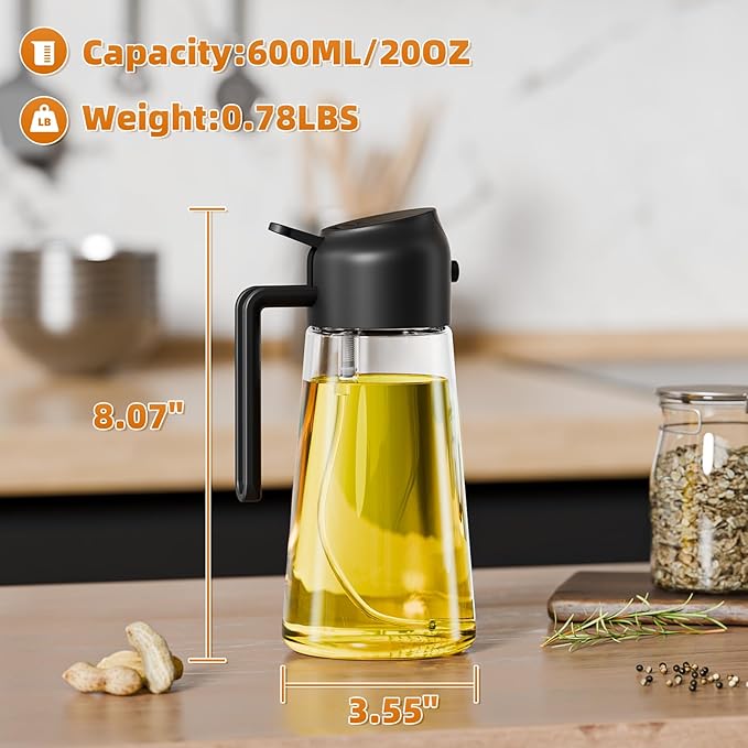 Marbrasse Oil Dispenser for Kitchen,20 OZ /600ml Leakproof Glass Oil Bottle Olive Oil Container with Auto Flip Cap for Kitchen Cooking (Black)