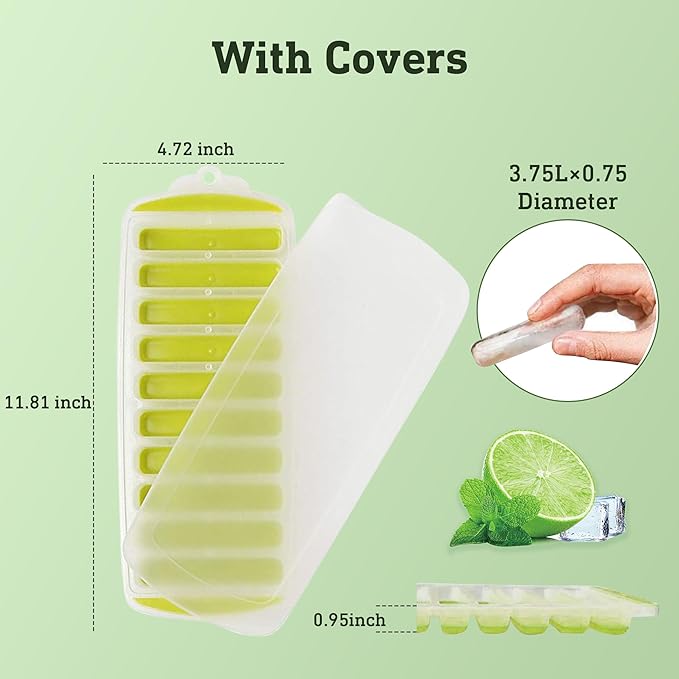 Lily's Home Silicone Ice Cube Tray with Lid Set of 2, BPA-Free, Ideal for Water Bottles & Sports Bottles, Flexible & Stackable Design for Quick Release, Ice Cube Trays for Freezer(11.81"*4.72"*0.95")
