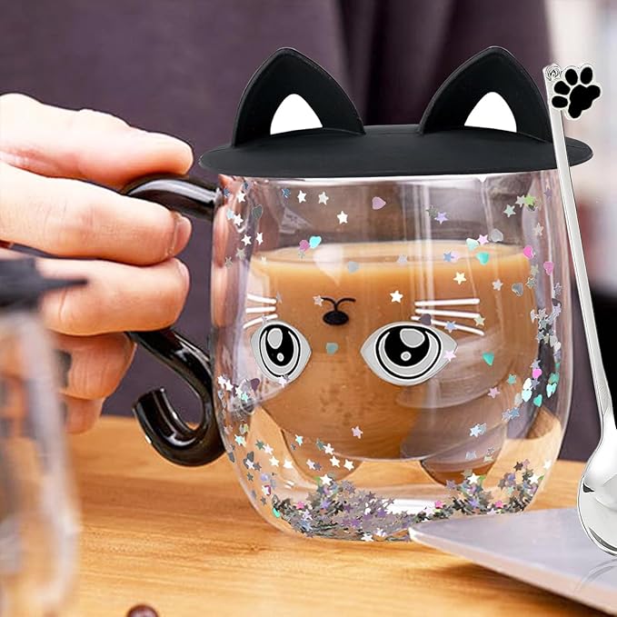 Gifts for Women Cat Gifts Double Walled Glass Coffee Latte Cup Cute Stuff Black Cat Mug Gifts for Her Christmas Stocking Fillers,Birthday,Valentines,Halloween Presents for Women,Men,Kid,Mum,Teacher