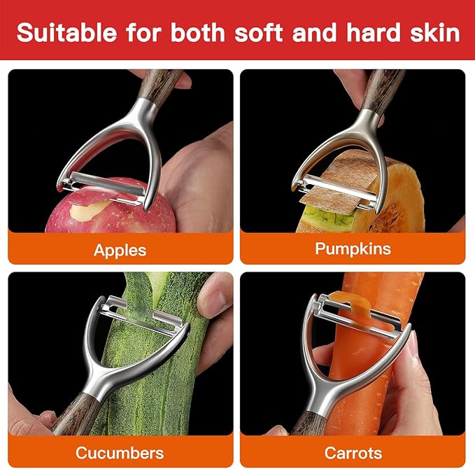 JUSEEPO Premium Vegetable Peeler, Y Type Swivel 304 Stainless Steel Blade Comfortable Solid Wood Handle, Practical gift for the home kitchen mom grandma for Veggie, Fruit, Potato(Black Walnut)