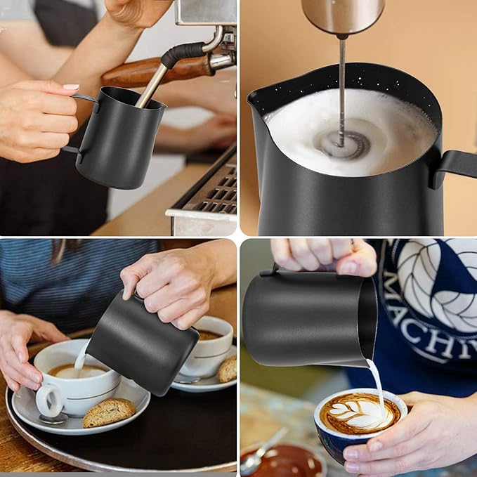 Milk Frothing Pitcher 350ml/12oz Steaming Pitchers Stainless Steel Milk Coffee Cappuccino Latte Art Barista Steam Pitchers Milk Jug Cup with Decorating Art Pen, Matte Black