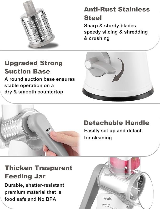 Geedel Rotary Cheese Grater Cheese Shredder with 5 Interchangeable Blades - Upgraded Rotary Grater Featuring Strong Suction Base for Cheese Shredding, Wavy Slicing, Nut Grinding, and Ice Shaving