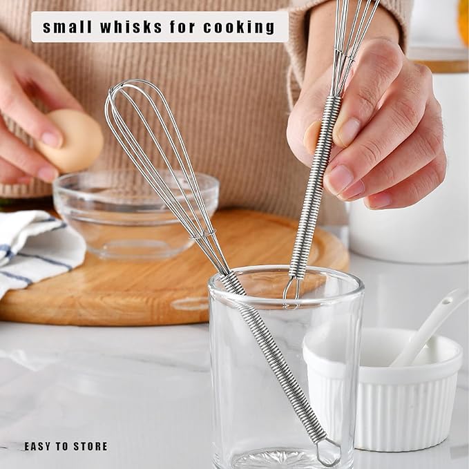 Mini Wire Whisk, 2-Pack - 8 & 10 Inch Small Whisk for Cooking - Ergonomic Spiral Handle, 304 Stainless Steel - Ideal for Whisking, Beating, Blending & Mixing Sauces - Silver