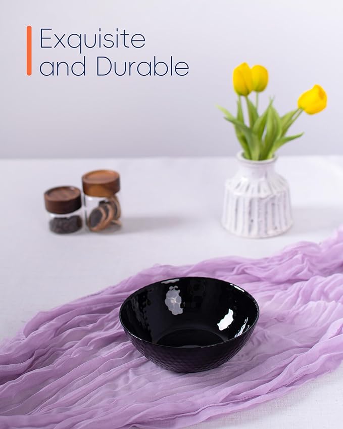 20 OZ Max Black Opal Glass Cereal Bowl Set of 6, 6 inch Dishwasher & Microwave Safe Round Geometric Faceted Bowls for Kitchen, Salad, Soup and Rice