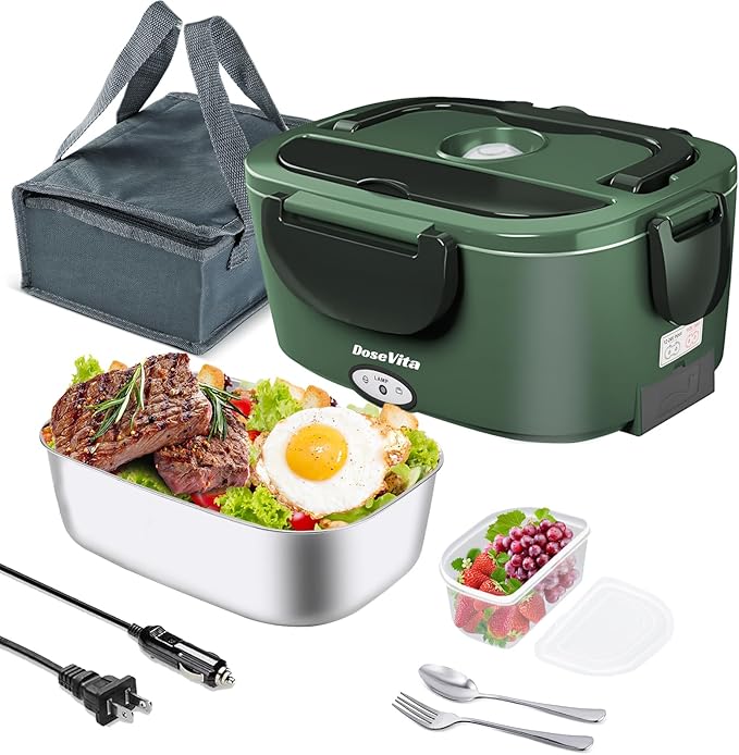Electric Lunch Box for Adults, 80W Heated Lunch Box, 1.5L Stainless Steel Container | 12V/24V (Car/Truck) & 110V (Office/Home) | with Fork&Spoon and Insulated Carry Bag