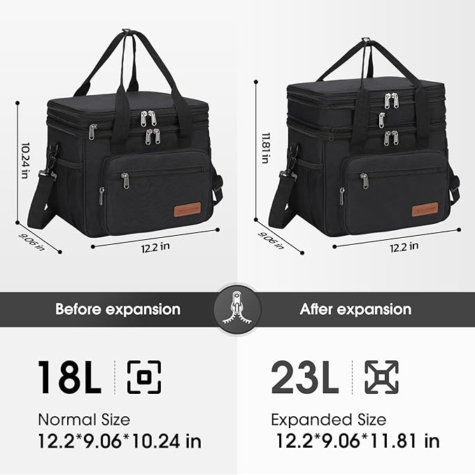 Maelstrom Lunch Box, 23L Insulated Lunch Bag, Expandable Double Deck Cooler Bag, Lightweight Leakproof Tote Bag With Side Tissue Pocket, Suit For Men and Women, Black