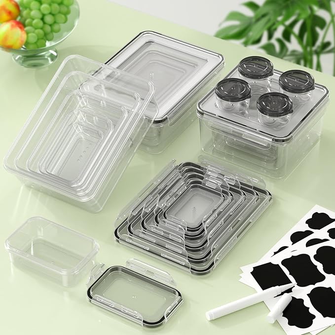 36-Piece Food Storage Containers with Lids(18 Container & 18 Lid), Plastic Food Containers for Pantry & Kitchen Storage and Organization, BPA-Free, Leak Proof, Reusable with Labels & Pen