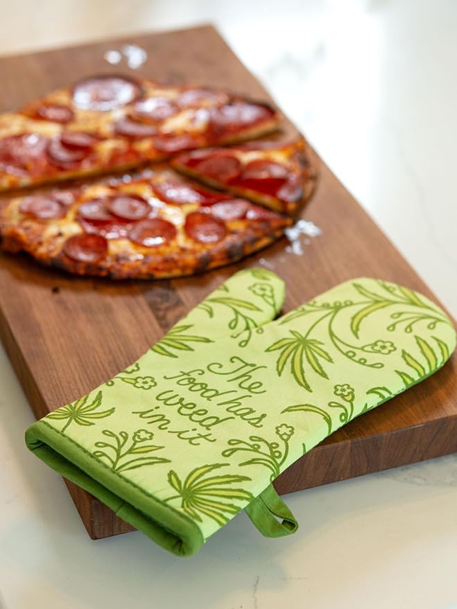 Blue Q Food Has Weed in It Funny Oven Mitts - Cute Oven Mitts, Home Kitchen Gifts, Cooking Accessories, Super-Insulated Quilting, Comfy Natural-Fitting Shape, 100% Cotton, Size 12.5" L x 7.5" W