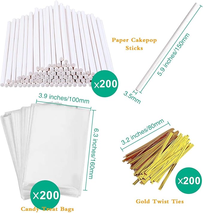 600PCS Christmas Cake Pop Sticks and Wrappers, Including 200pcs 6-inch Paper Lollipop Sticks, 200pcs Parcel Bags, 200pcs Gold Twist Ties for Lollipop, Candy, Chocolate, Marshmallows, and Fruit Skewers