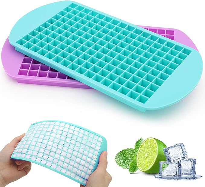 Mini Ice Cube Trays Set of 2-160 Small Ice Cubes Silicone Mold for Whiskey, Cocktails, Water Bottles - BPA Free Flexible & Stackable Ice Maker (Cyan&Purple)