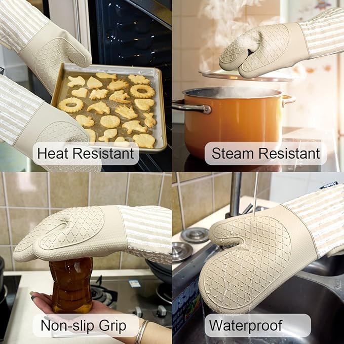 Silicone Oven Mitts Heat Resistant 932℉ with Waterproof & Non-Slip Kitchen Mittens, Set of 2 Extra Long Oven Gloves with Soft Cotton Terry Lining for Baking Cooking Barbecue (Khaki, 2)