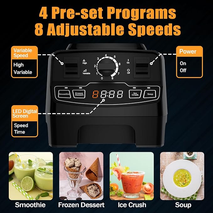 Enfmay Smoothie Blender Maker, 1450W High Performance with 4 Preset Programs, 8 Speeds Control 33000RPM High-Speed, Countdown Display, 2L Tritan BPA Free Container, Ice Crush Blender for Smoothie/Ice/Dessert/Nut