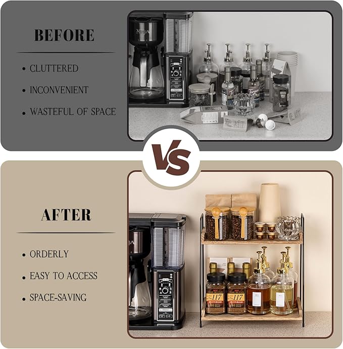 Countertop Coffee Station Organizer, 2 Tier Wooden Shelf for Coffee Bar Accessories, Condiment Storage Caddy for Kitchen, Home, Office - Brown